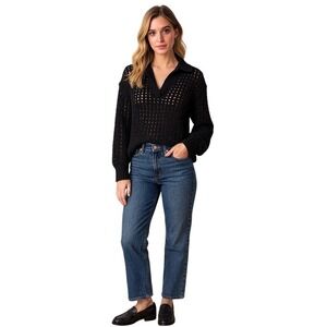 LOFT Mesh Collared V-Neck Sweater Medium Black Cotton Preppy Dark Academia Chic